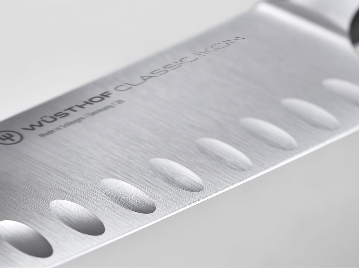 Classic Ikon 2-Piece Santoku Set close-up of a forged German Santoku blade with hollow edge dimples and brushed finish for optimal slicing performance.