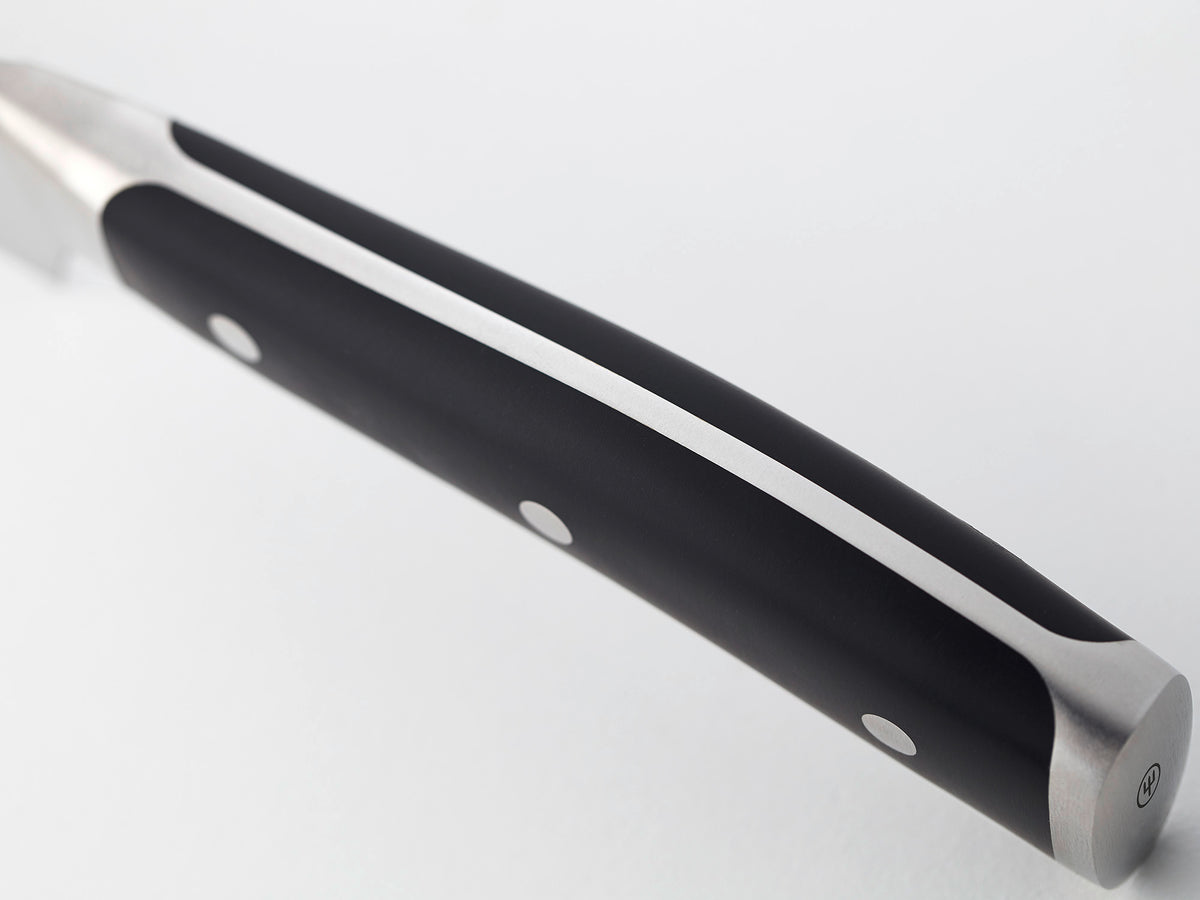 Classic Ikon 2-Piece Santoku Set close-up of a black ergonomic handle with polished rivets and stainless steel full tang for balanced grip and control.