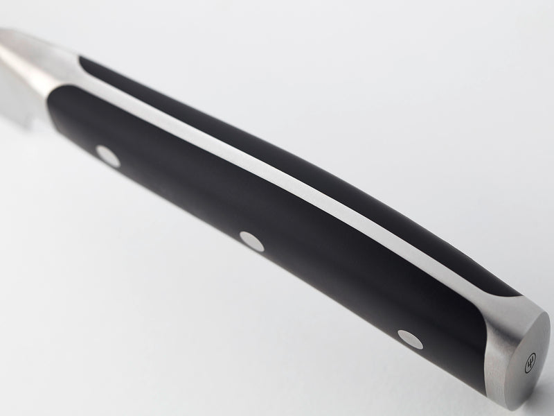 Classic Ikon 2-Piece Santoku Set close-up of a black ergonomic handle with polished rivets and stainless steel full tang for balanced grip and control.