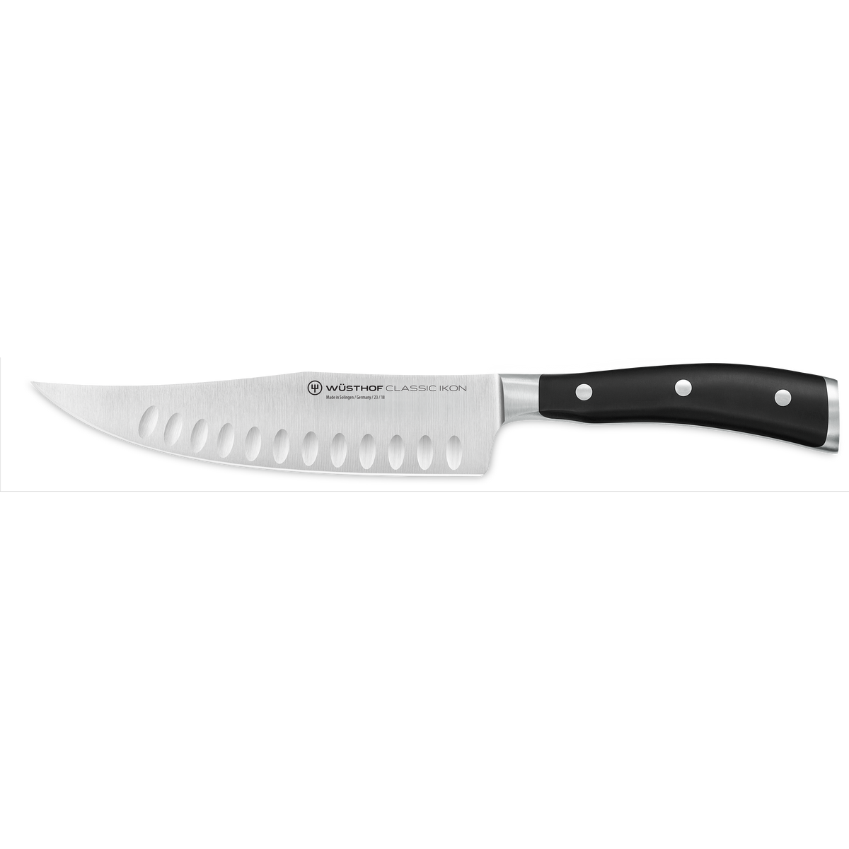 Classic Ikon 7" Hollow Edge Craftsman featuring a forged German stainless steel blade with hollowed dimples and a black ergonomic handle with three rivets.
