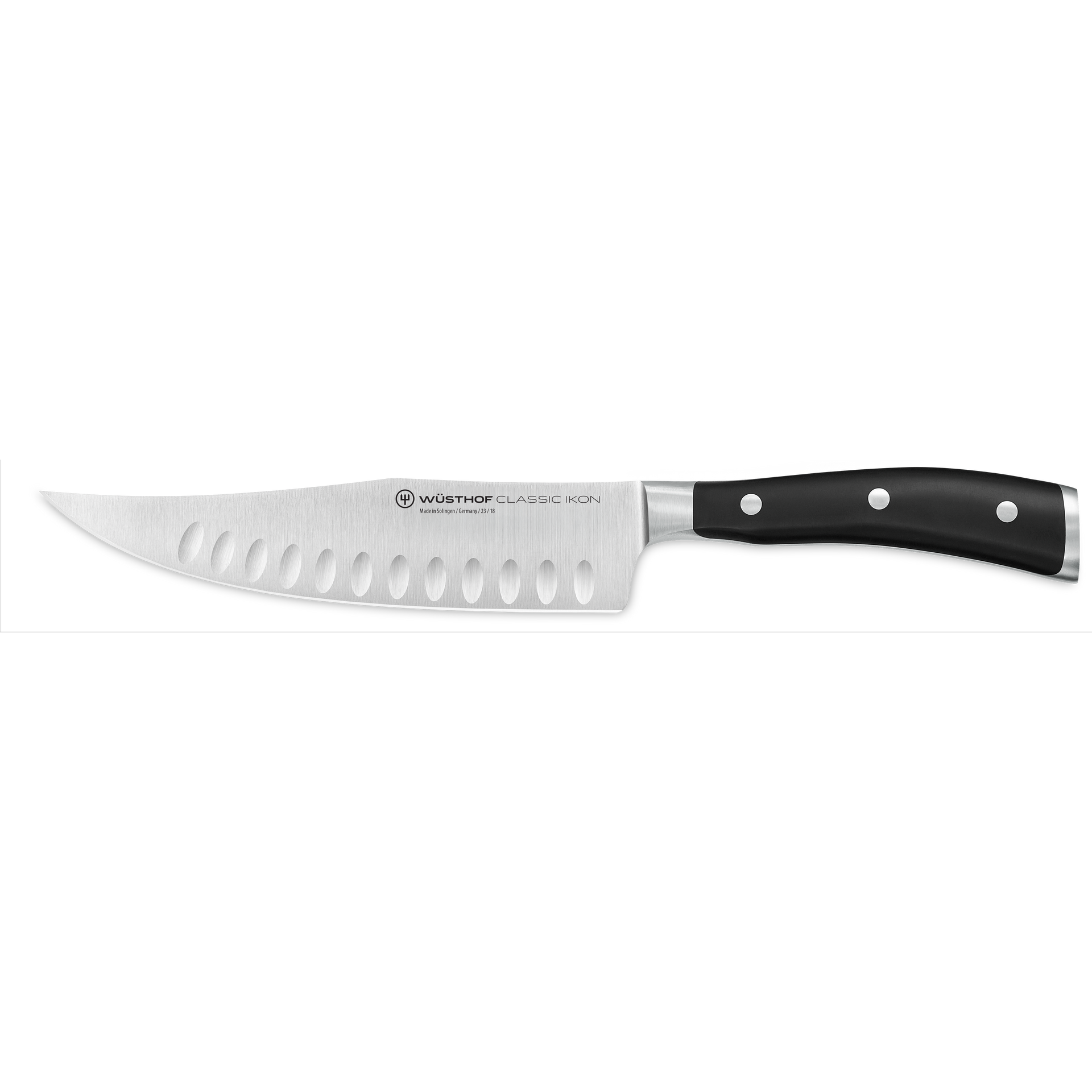 Classic Ikon 7" Hollow Edge Craftsman featuring a forged German stainless steel blade with hollowed dimples and a black ergonomic handle with three rivets.