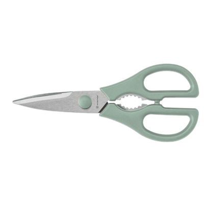 Pull-Apart Kitchen Shears with stainless steel blades and serrated tips, featuring muted green ergonomic handles and a built-in nutcracker grip.