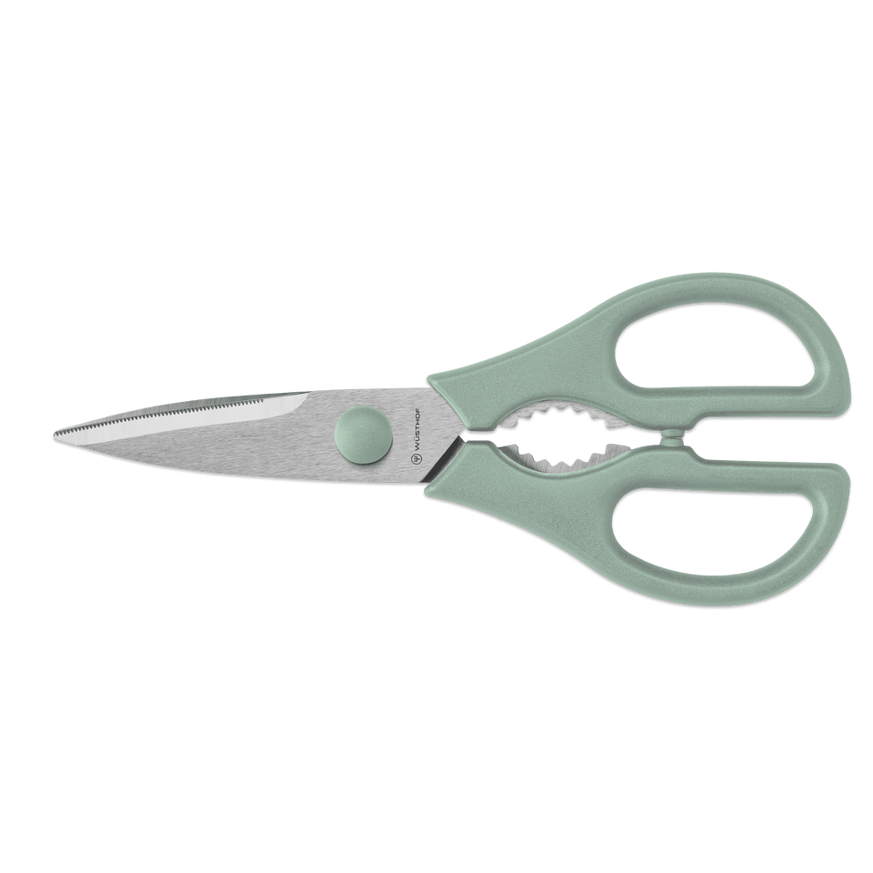 Pull-Apart Kitchen Shears with stainless steel blades and serrated tips, featuring muted green ergonomic handles and a built-in nutcracker grip.