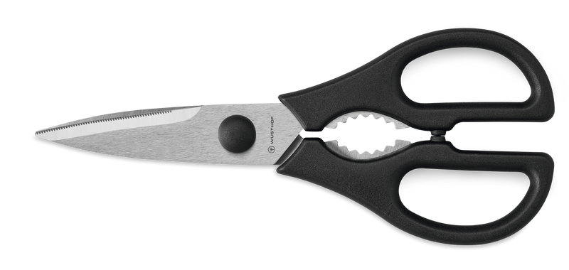 Partner 7-Piece Knife Block Set kitchen scissors with serrated forged German blade and black ergonomic handles for versatile food preparation tasks.