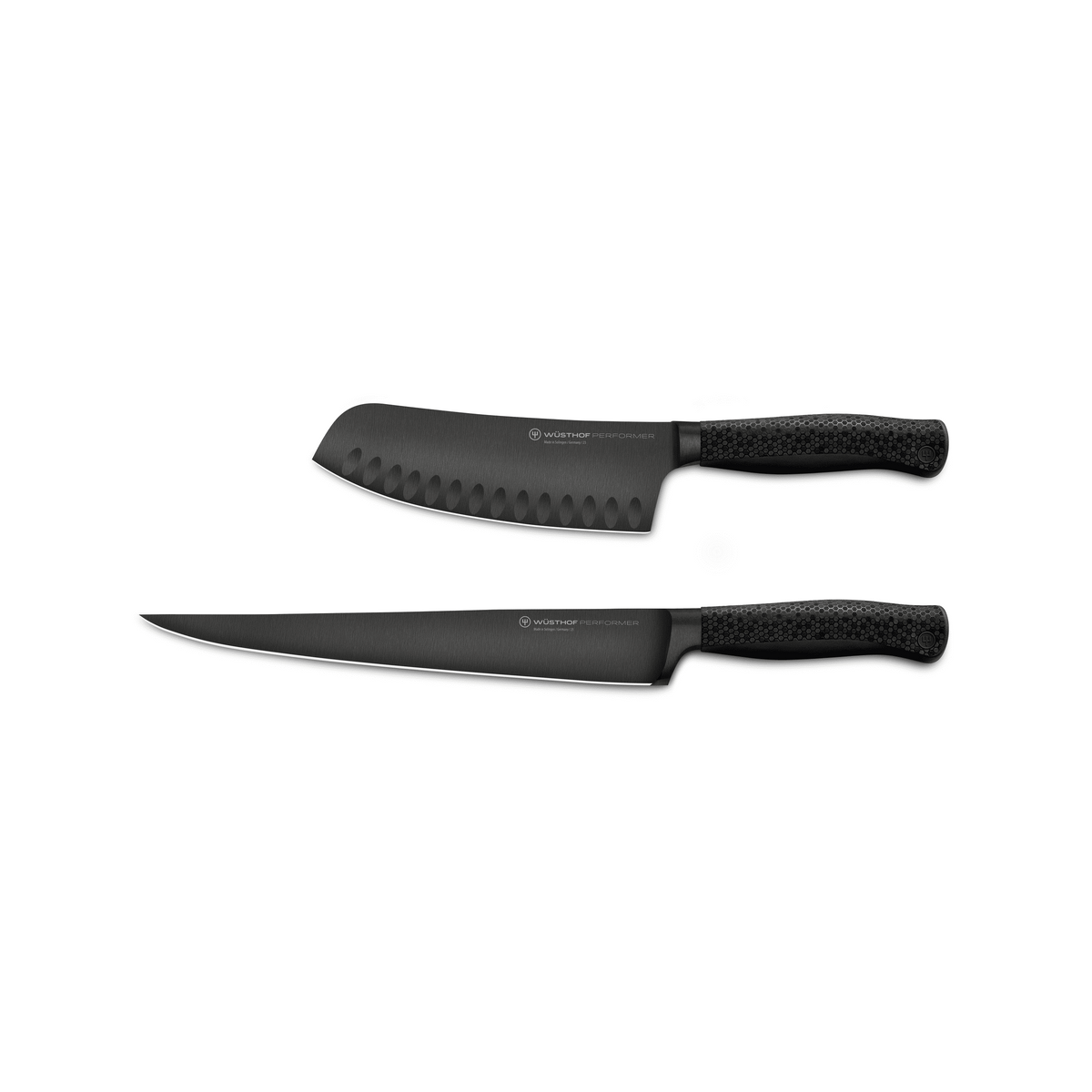 Performer 2-Piece Knife Set featuring forged German steel blades with black non-slip textured handles, including a santoku and a slicing knife.