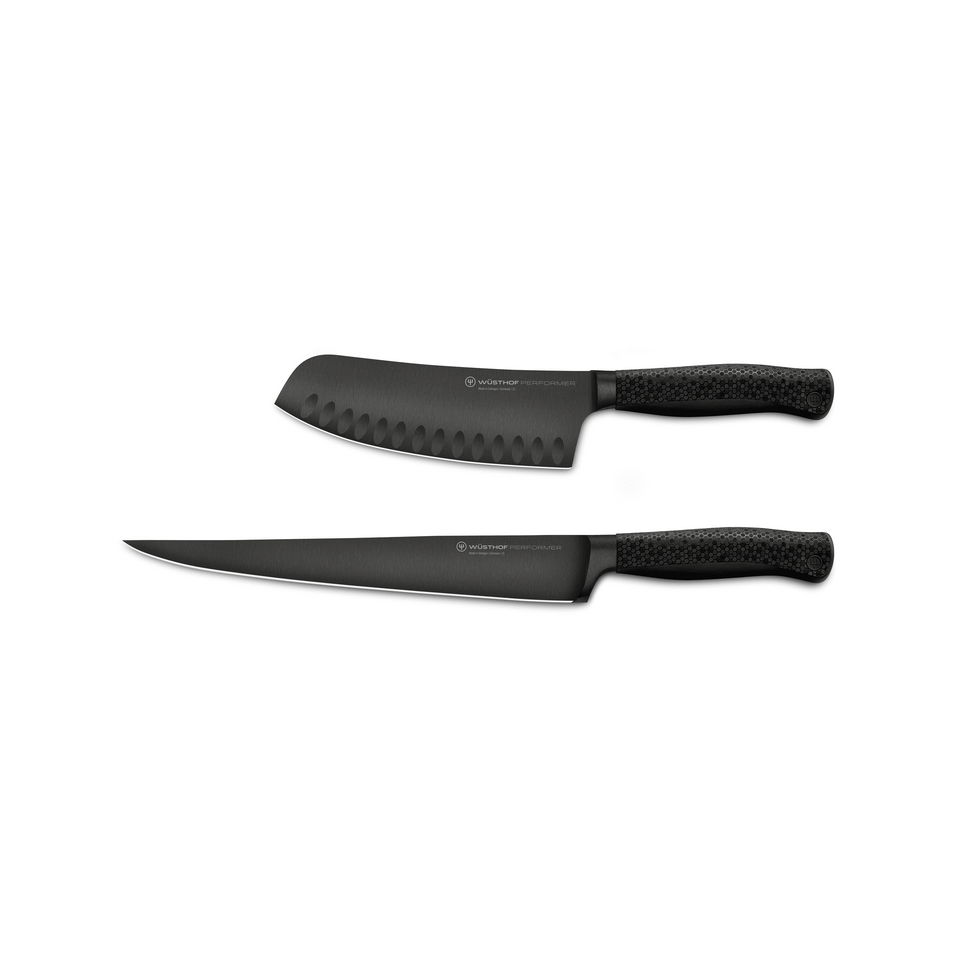 Performer 2-Piece Knife Set featuring forged German steel blades with black non-slip textured handles, including a santoku and a slicing knife.