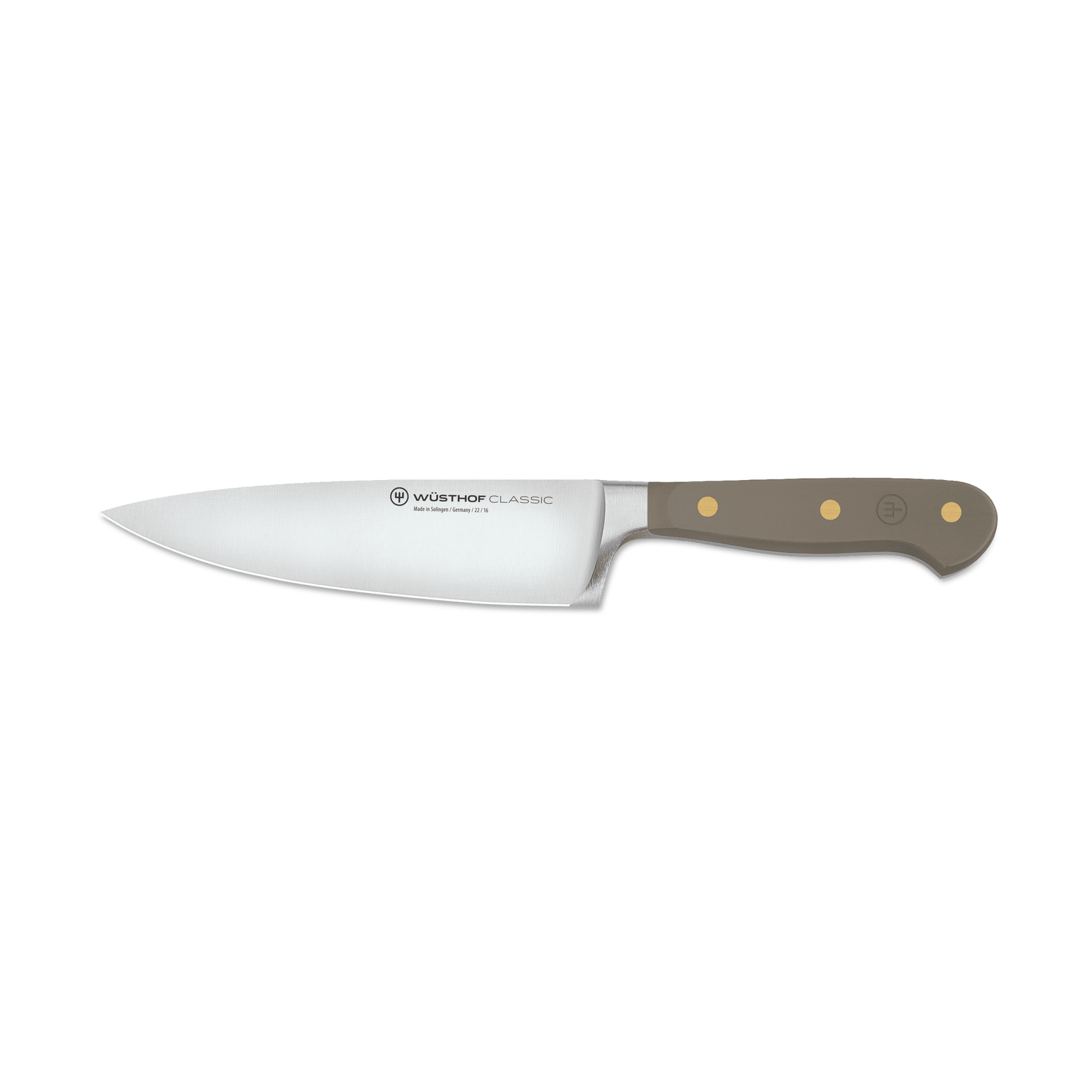 Classic 6" Chef's Knife featuring a polished forged German steel blade and a brown handle with three brass rivets for balanced control and durability.