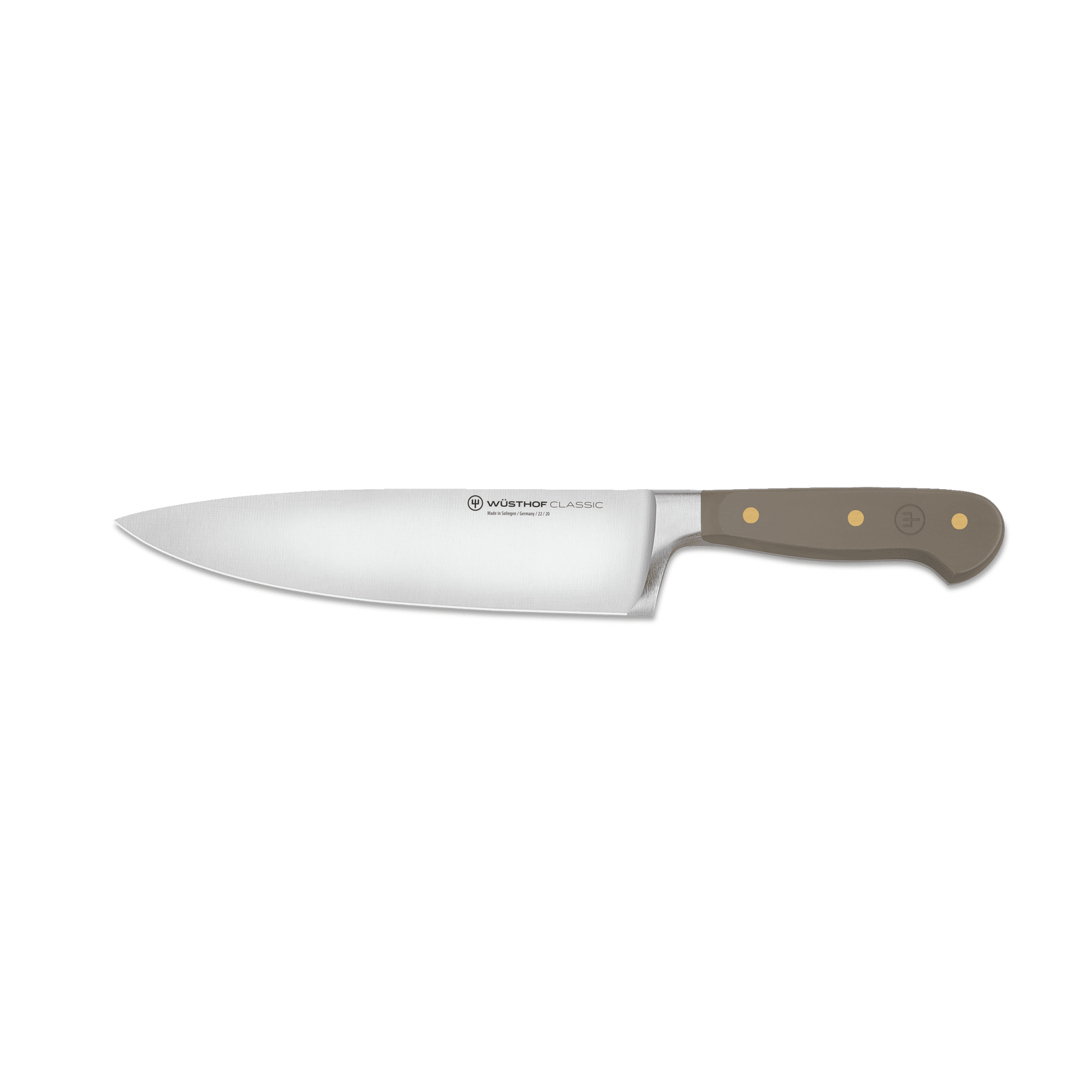 Classic 8" Chef's Knife featuring a precision-forged German steel blade with a full tang and a smooth dark handle accented by three brass rivets.