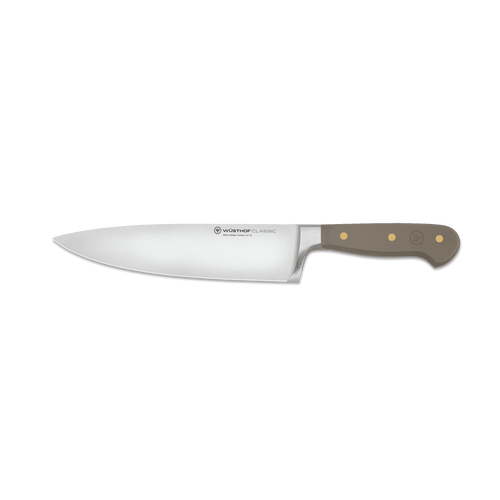Classic 8" Chef's Knife featuring a precision-forged German steel blade with a full tang and a smooth dark handle accented by three brass rivets.