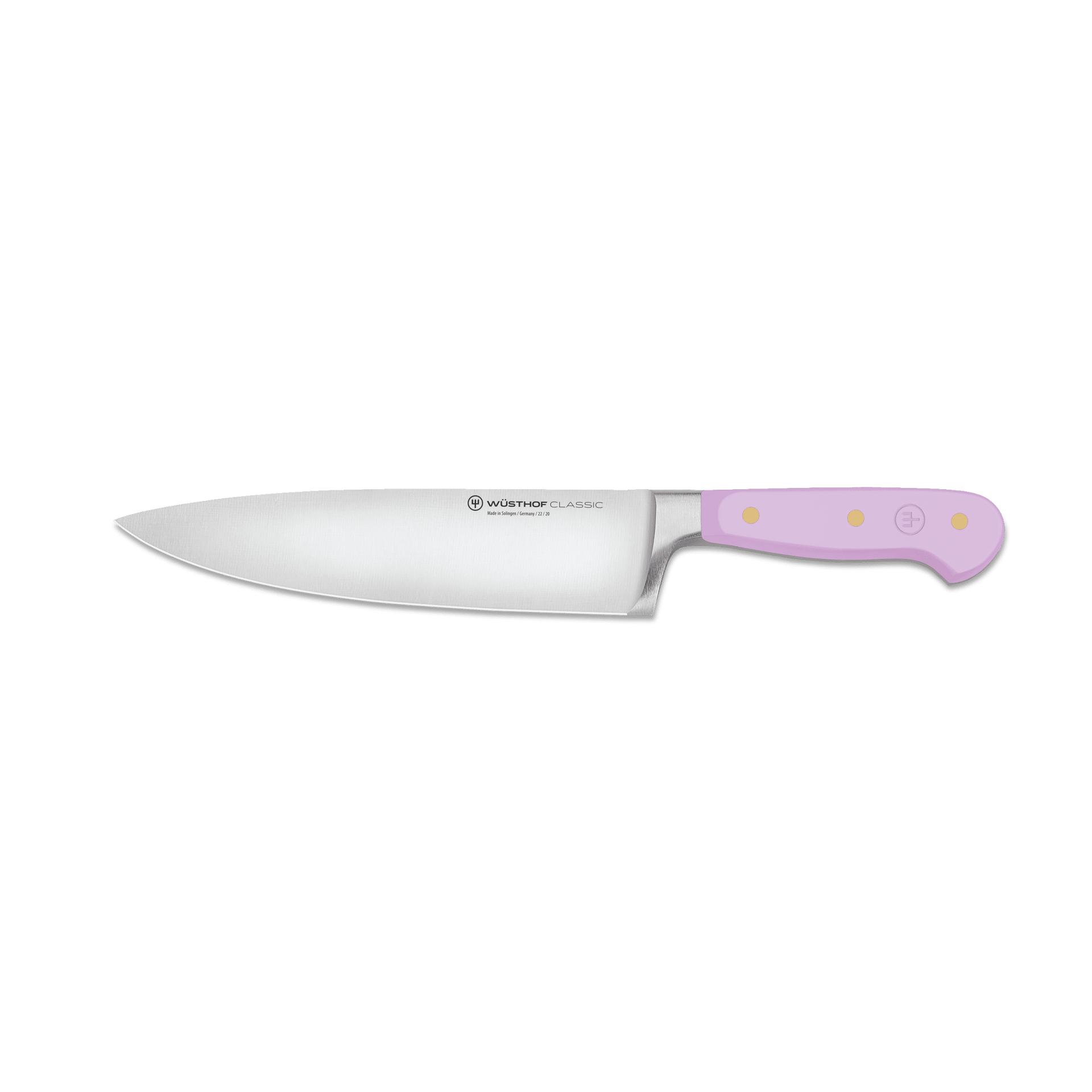 Classic 8" Chef's Knife featuring a polished forged German steel blade and a pastel pink handle with three brass rivets for a balanced, durable grip.