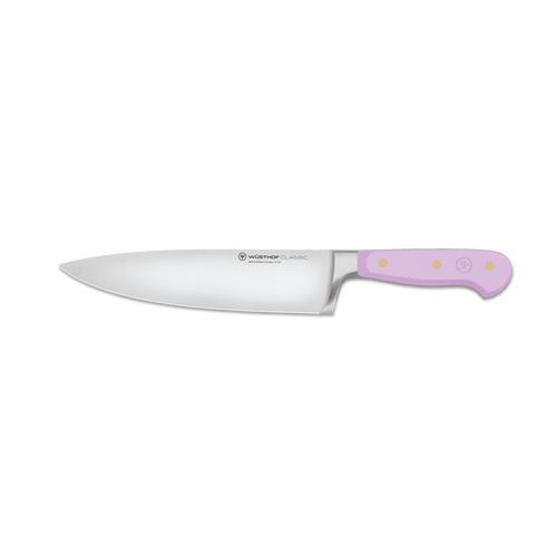 Classic 8" Chef's Knife featuring a polished forged German steel blade and a pastel pink handle with three brass rivets for a balanced, durable grip.
