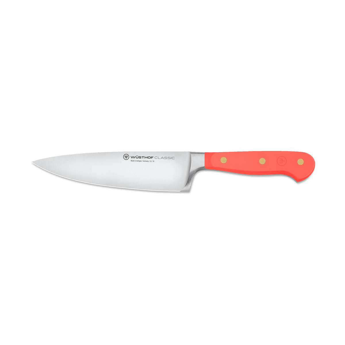 Classic 2-Piece Knife Set - Coral Peach featuring a forged German stainless steel chef’s knife with a bright coral peach ergonomic handle and brass rivets for durability.
