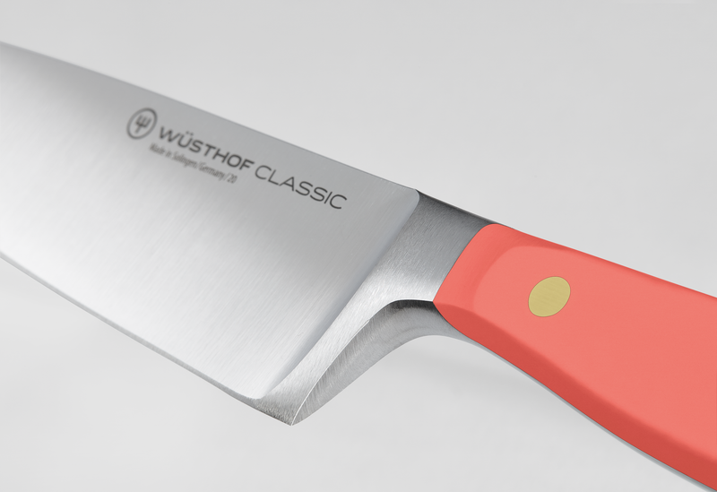 Classic 3-Piece Essential Knife Set - Coral Peach showcasing a forged German chef’s knife blade with sharp stainless steel and ergonomic coral peach handle with brass rivet.