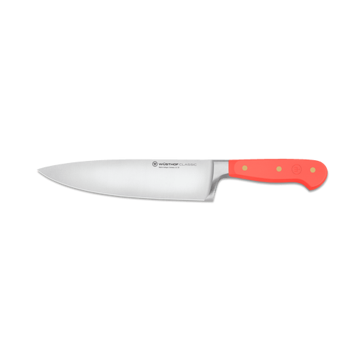 Classic 8" Chef's Knife with a polished forged German steel blade and a bright red ergonomic handle featuring three rivets for secure grip and balance.