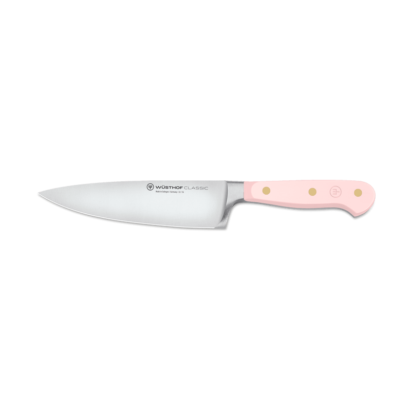 Classic 2-Piece Knife Set - Pink Himalayan Salt featuring a forged German chef’s knife with a sharp stainless steel blade and ergonomic pale pink handle with brass rivets.