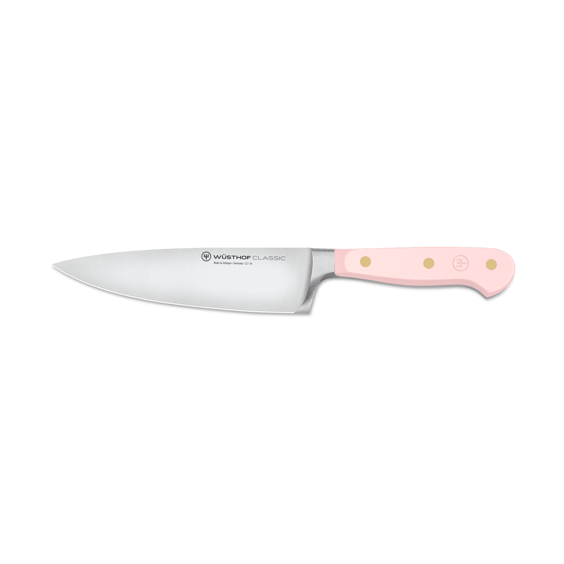 Classic 6" Chef's Knife featuring a forged German steel blade and a light pink handle with three brass rivets for balanced control and durability.