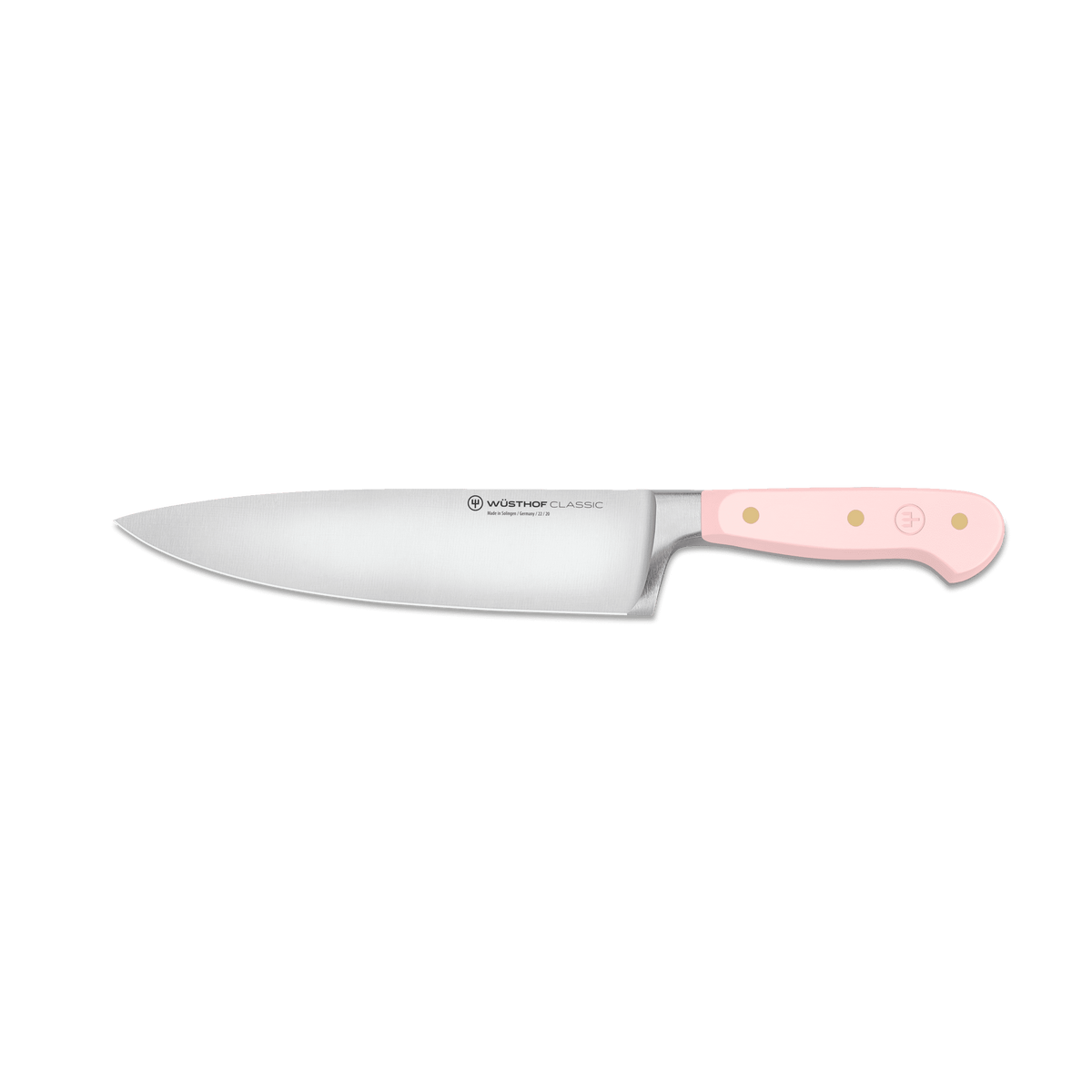 Classic 8" Chef's Knife with a polished forged German steel blade and a pastel pink synthetic handle featuring three brass rivets for durable, balanced cutting.