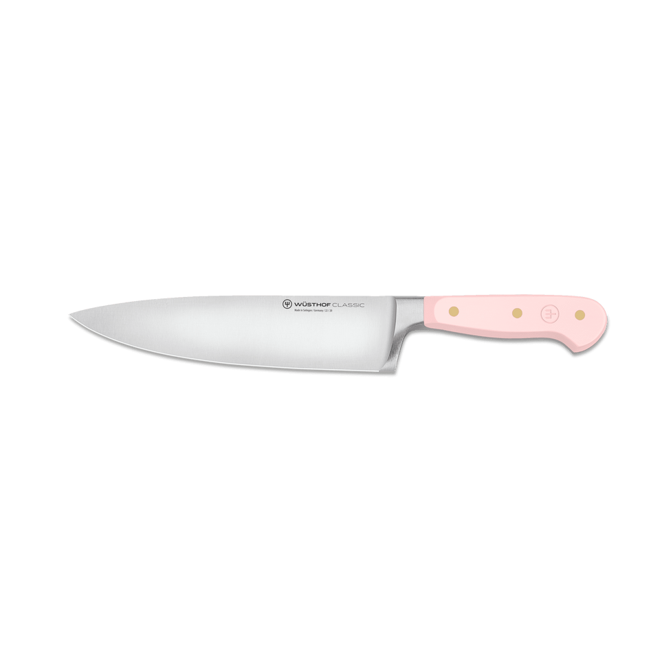 Classic 8" Chef's Knife with a polished forged German steel blade and a pastel pink synthetic handle featuring three brass rivets for durable, balanced cutting.