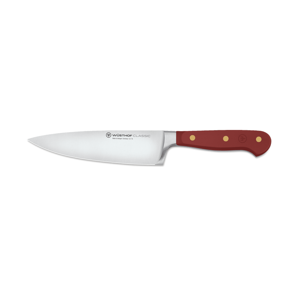Classic 6" Chef's Knife with a polished forged German steel blade and a traditional triple-riveted brown handle for durable, balanced kitchen use.