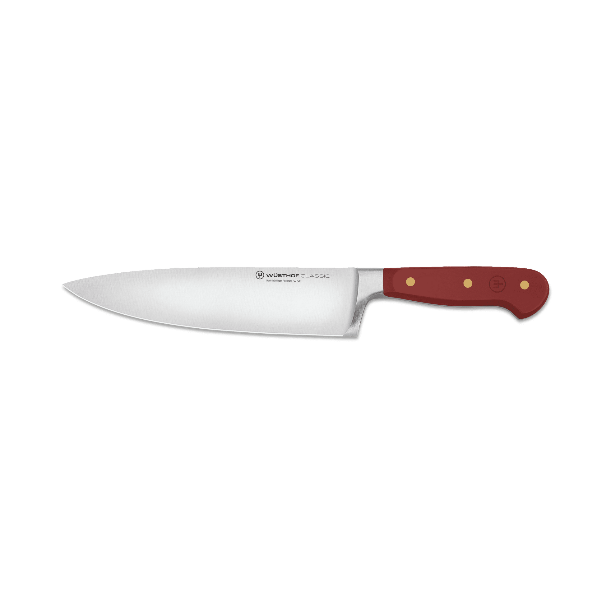 Classic 8" Chef's Knife featuring a polished forged German steel blade and a triple-riveted full tang handle in traditional red for precise cutting.