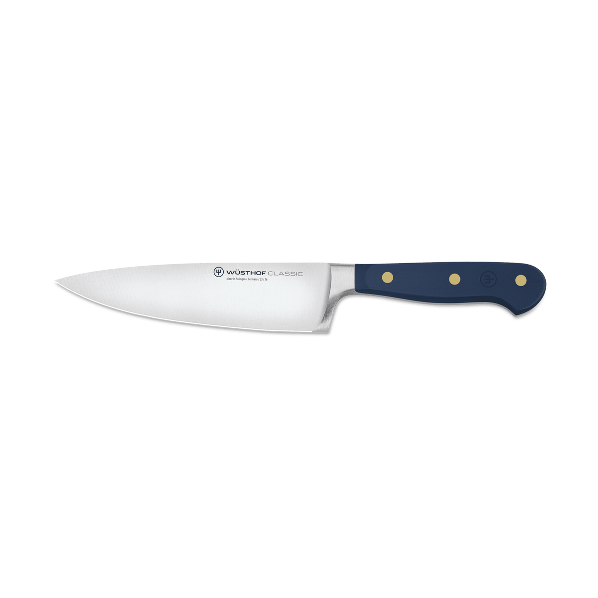 Classic 6" Chef's Knife with a polished forged German steel blade and a navy blue handle secured by three brass rivets for durable, balanced cutting.