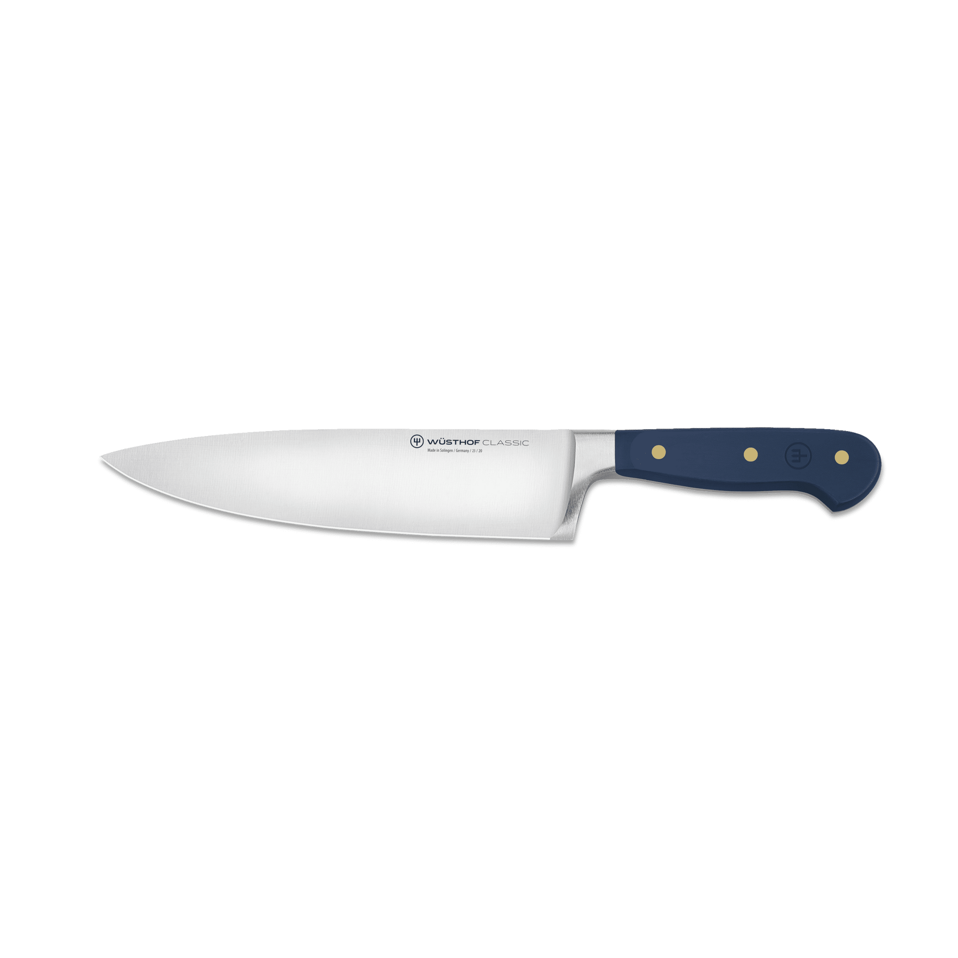 Classic 8" Chef's Knife featuring a polished forged German steel blade and a dark blue handle secured with three brass rivets for excellent balance and precision.