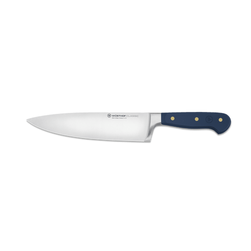 Classic 8" Chef's Knife featuring a polished forged German steel blade and a dark blue handle secured with three brass rivets for excellent balance and precision.