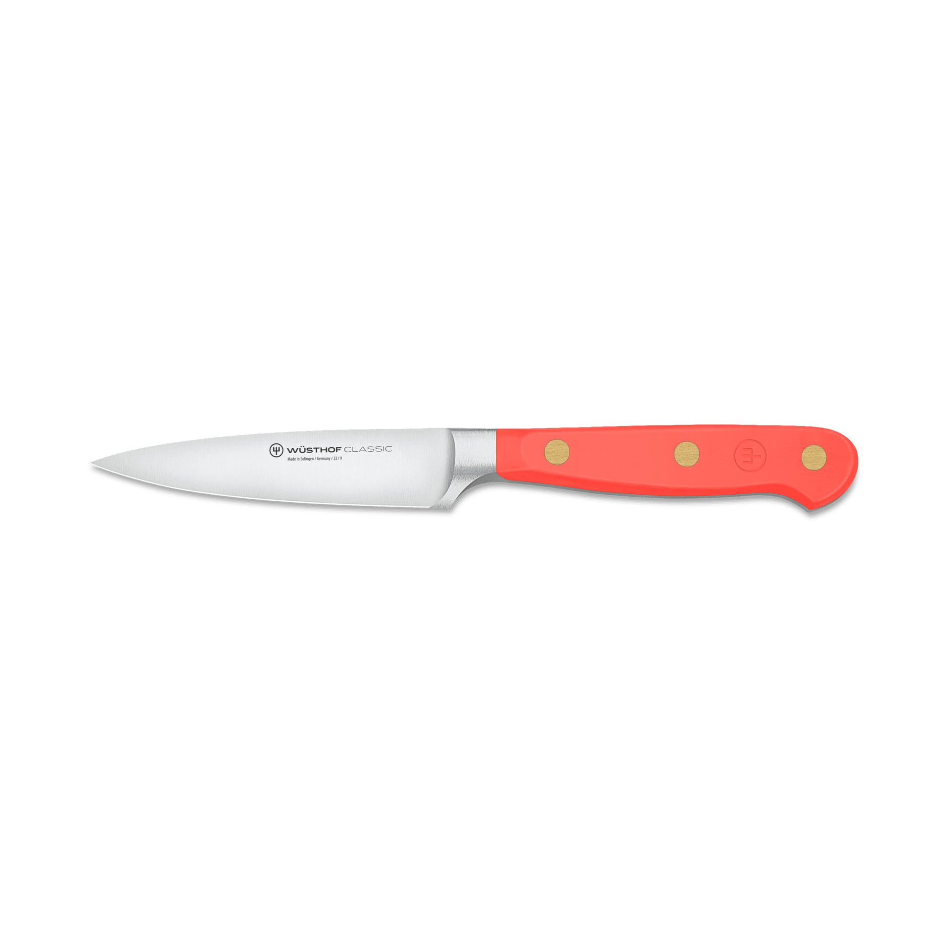 Classic 3 1/2" Paring Knife with a polished forged German steel blade and a vibrant red handle secured by three brass rivets, ideal for precise kitchen tasks.
