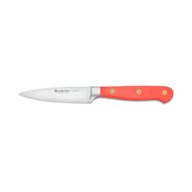 Classic 3-Piece Essential Knife Set - Coral Peach featuring a forged German paring knife with a sharp stainless steel blade and ergonomic coral peach handle with brass rivets.