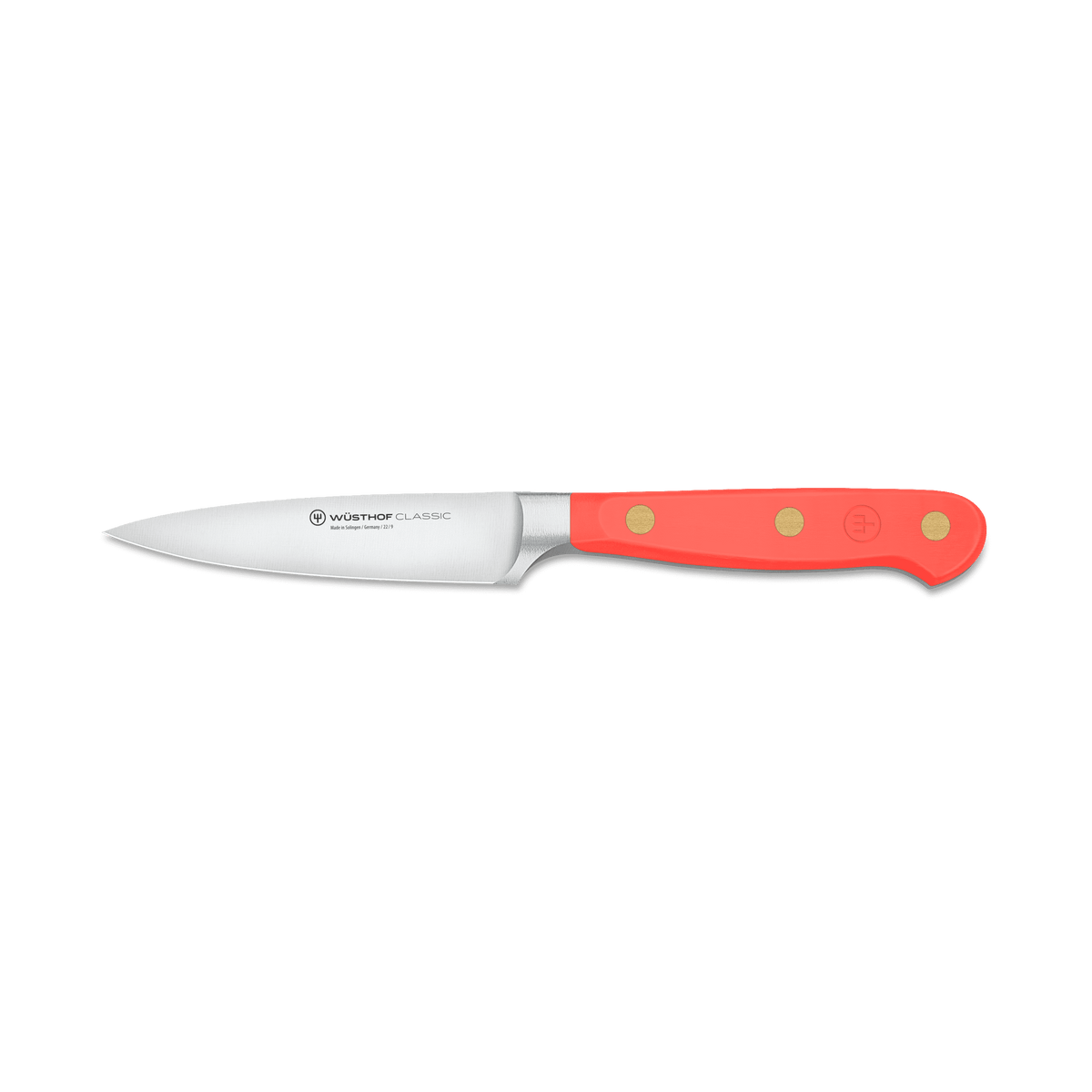Classic 2-Piece Knife Set - Coral Peach featuring a forged German paring knife with a sharp stainless steel blade and vibrant coral peach ergonomic handle with brass rivets.