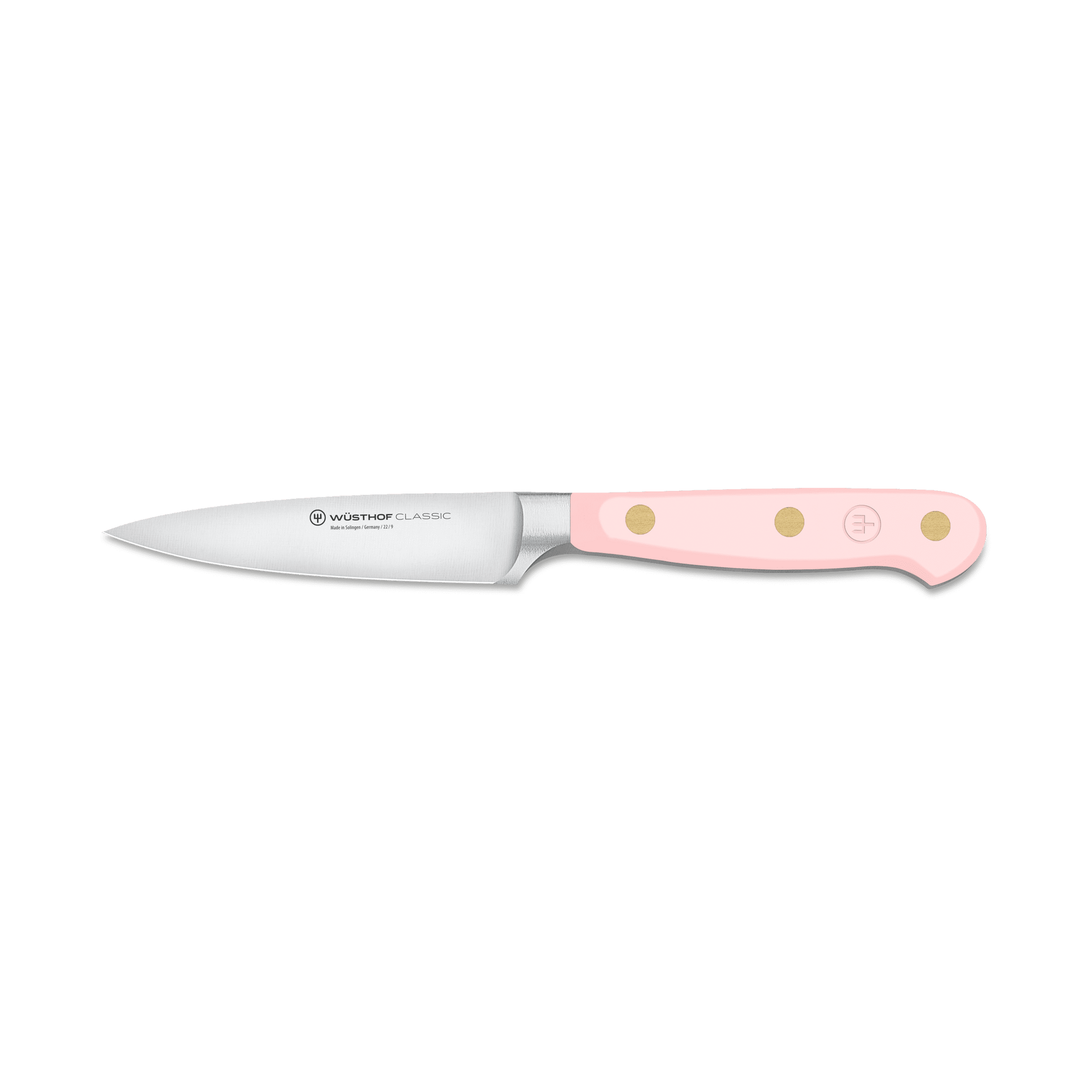 Classic 3 1/2" Paring Knife with a polished forged German steel blade and a smooth pastel pink handle featuring three brass rivets, ideal for precise kitchen tasks.