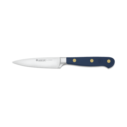 Classic 3 1/2" Paring Knife with a sharp forged German steel blade and a deep blue handle featuring three brass rivets and an ergonomic shape for precision tasks.