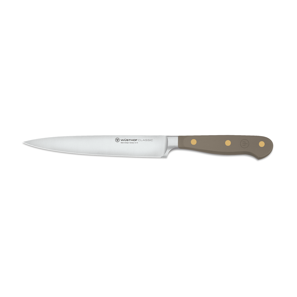 Classic 6" Utility Knife with a slim forged German steel blade and a taupe ergonomic handle featuring three brass rivets for balanced control and precision cutting.