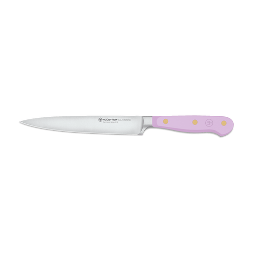 Classic 6" Utility Knife featuring a slim forged German steel blade and a pastel purple ergonomic handle with three brass rivets for balanced control and precision.
