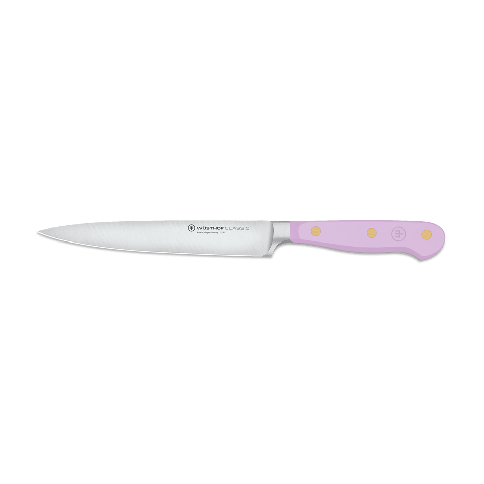 Classic 6" Utility Knife featuring a slim forged German steel blade and a pastel purple ergonomic handle with three brass rivets for balanced control and precision.