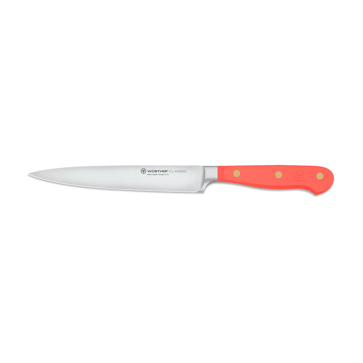 Classic 6" Utility Knife featuring a sharp forged German steel blade with a bright red ergonomic handle and three brass rivets for comfortable control.
