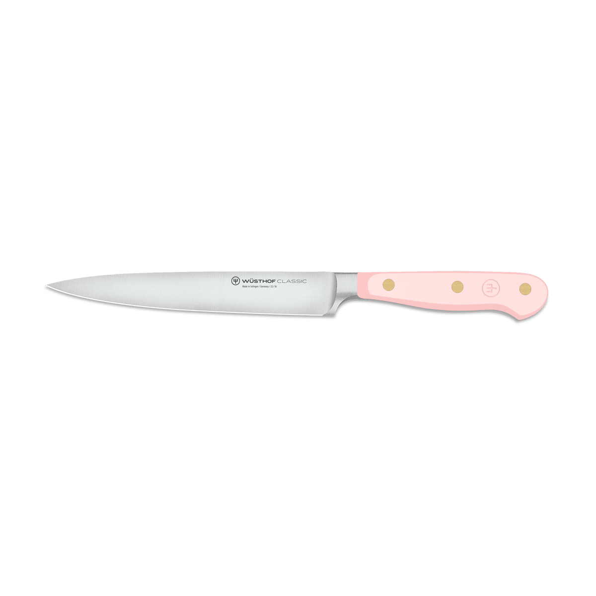 Classic 6" Utility Knife with a slim forged German steel blade and a pastel pink ergonomic handle featuring three brass rivets for secure handling.