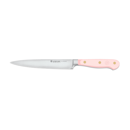 Classic 6" Utility Knife with a slim forged German steel blade and a pastel pink ergonomic handle featuring three brass rivets for secure handling.