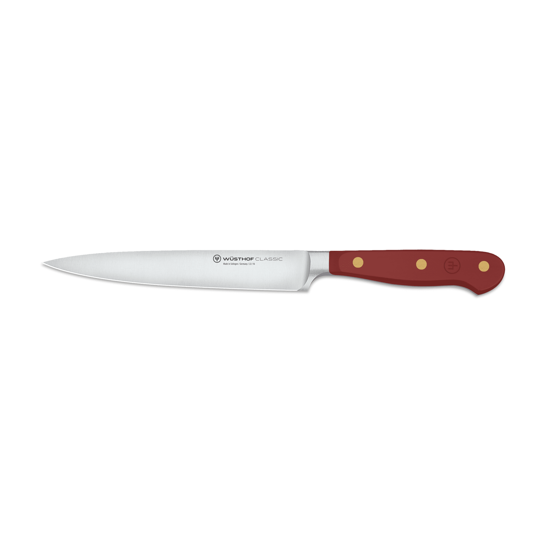 Classic 6" Utility Knife with a slim forged German steel blade and a burgundy ergonomic handle featuring three brass rivets for precise cutting and durable performance.