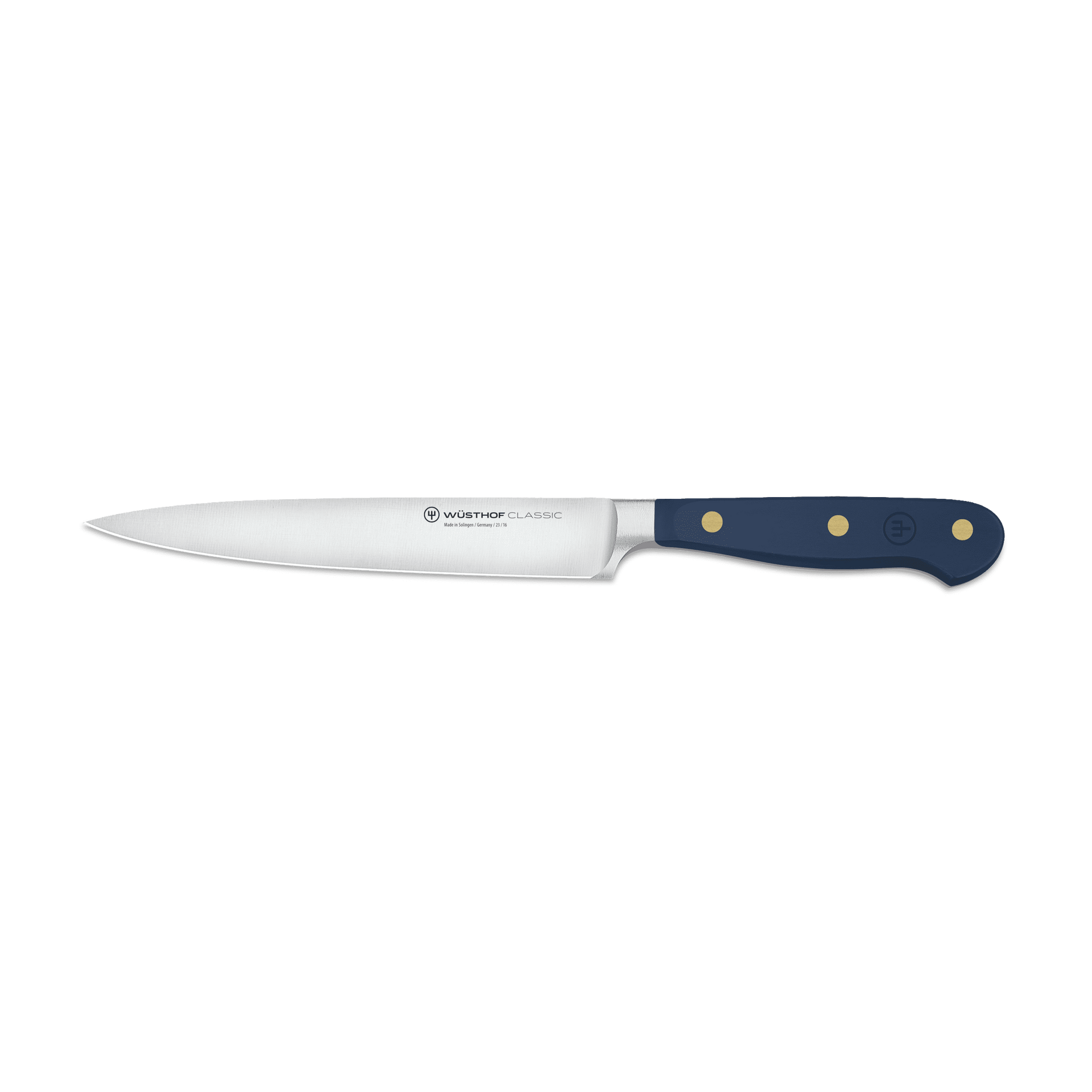 Classic 6" Utility Knife with a slim forged German steel blade and a navy ergonomic handle secured by three brass rivets for balanced precision cutting.