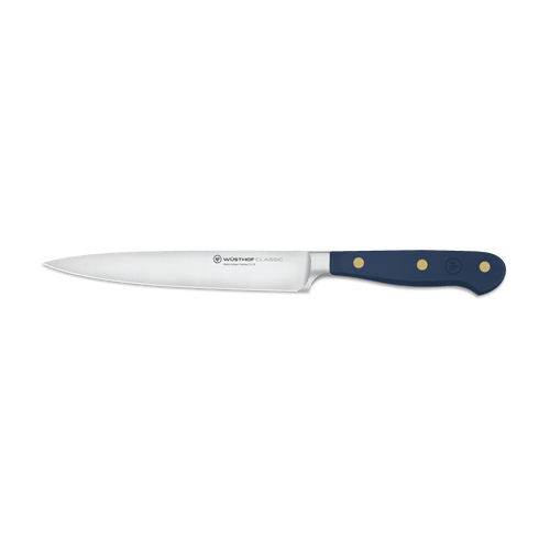 Classic 6" Utility Knife with a slim forged German steel blade and a navy ergonomic handle secured by three brass rivets for balanced precision cutting.