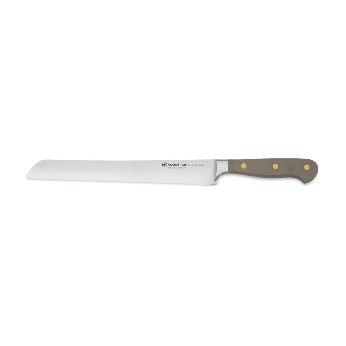Classic 9" Precision Double-Serrated Bread Knife with a taupe ergonomic handle featuring brass rivets and a sharp forged stainless steel blade.