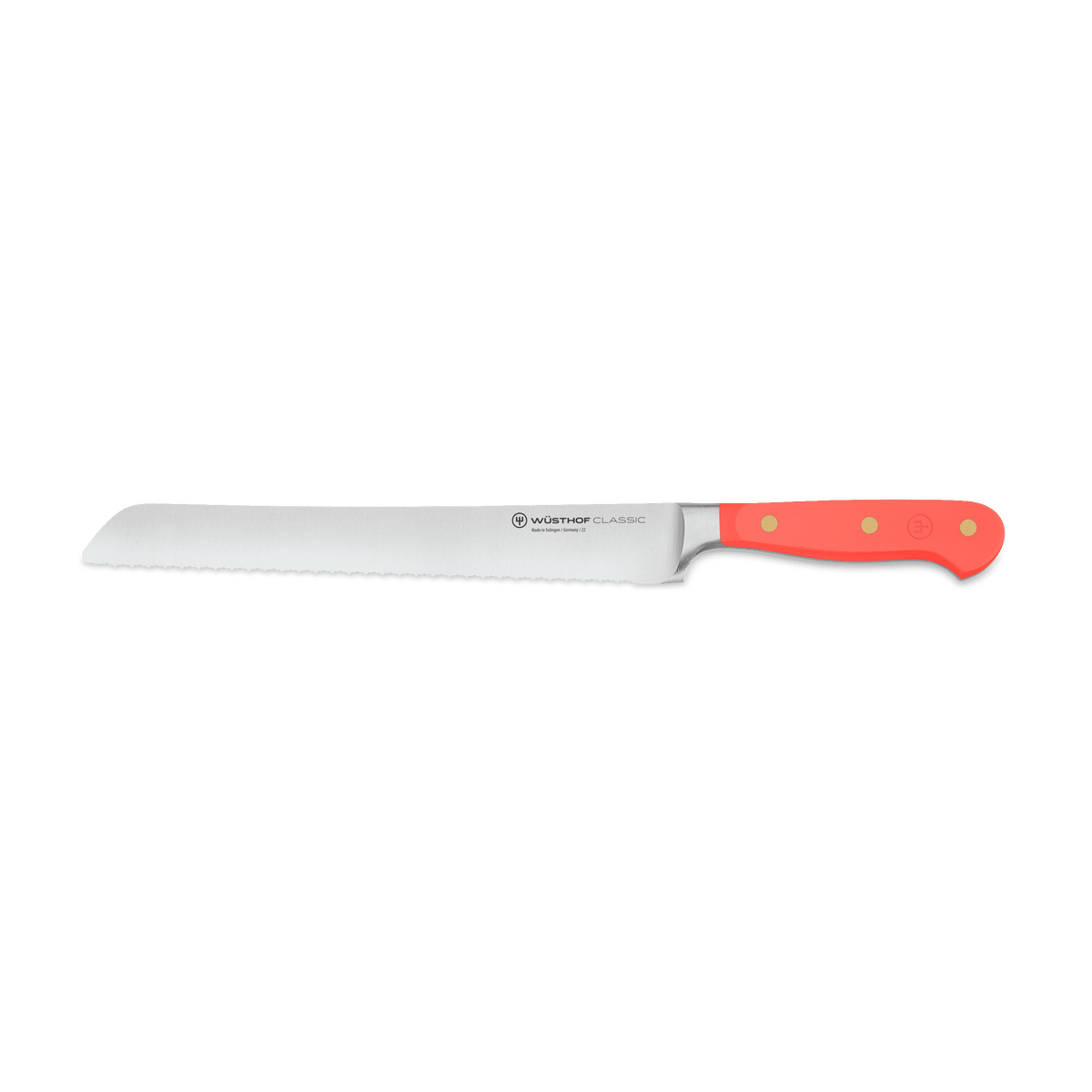 Classic 3-Piece Essential Knife Set - Coral Peach featuring a forged German serrated bread knife with a sharp stainless steel blade and coral peach ergonomic handle with brass rivets.