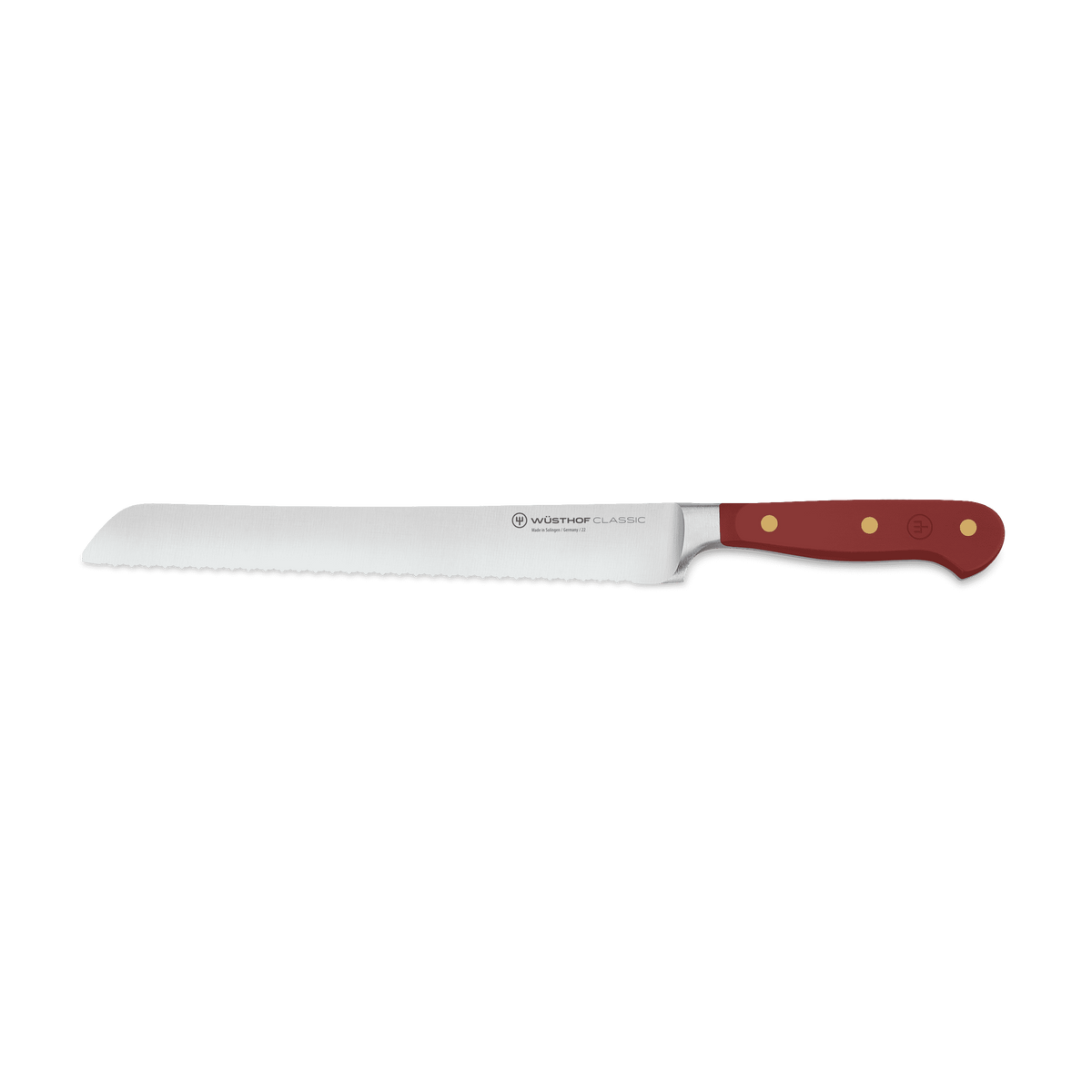Classic 3-Piece Essential Knife Set - Tasty Sumac featuring a forged German serrated bread knife with sharp stainless steel blade and ergonomic sumac-colored handle with brass rivets.