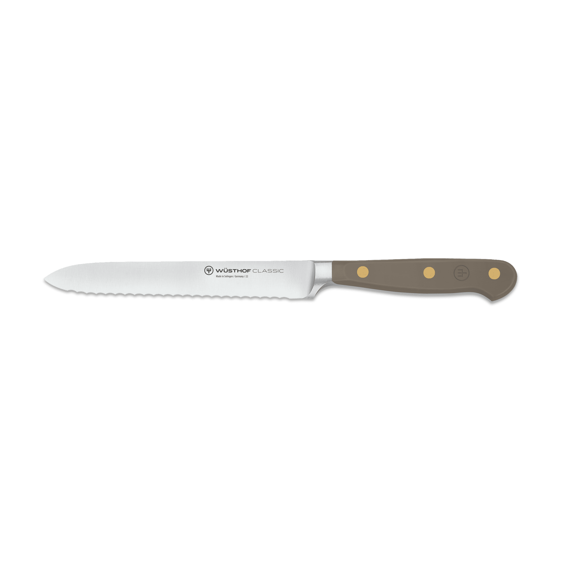 Classic 5" Serrated Utility Knife with a brown triple-riveted handle and a precision-forged stainless steel serrated blade for versatile kitchen use.