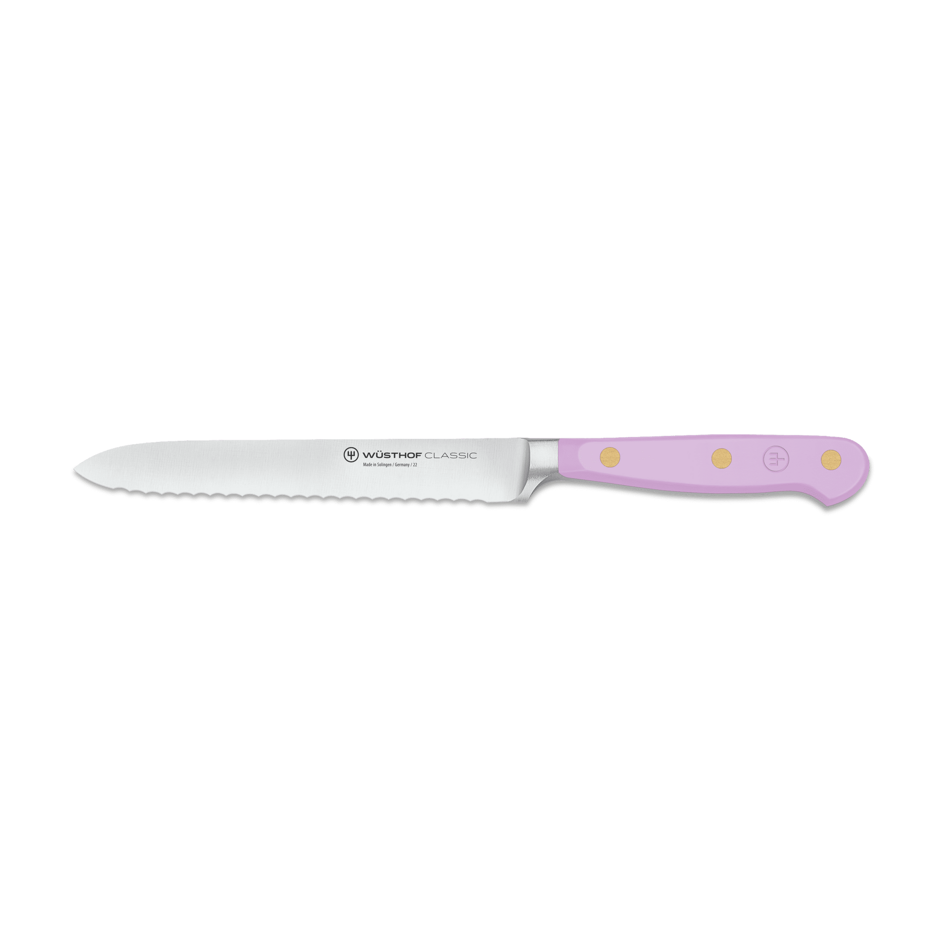 Classic 5" Serrated Utility Knife with a pastel purple triple-riveted handle and a precision-forged serrated blade ideal for versatile kitchen tasks.