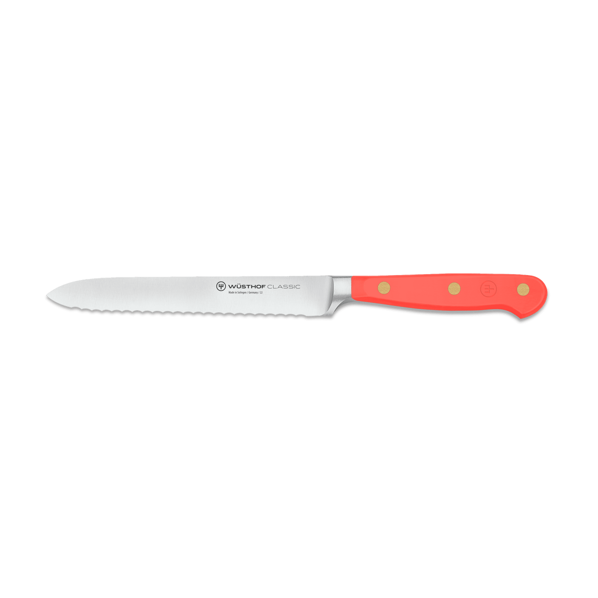 Classic 5" Serrated Utility Knife with a red triple-riveted handle and a precision-forged serrated blade designed for versatile kitchen use.