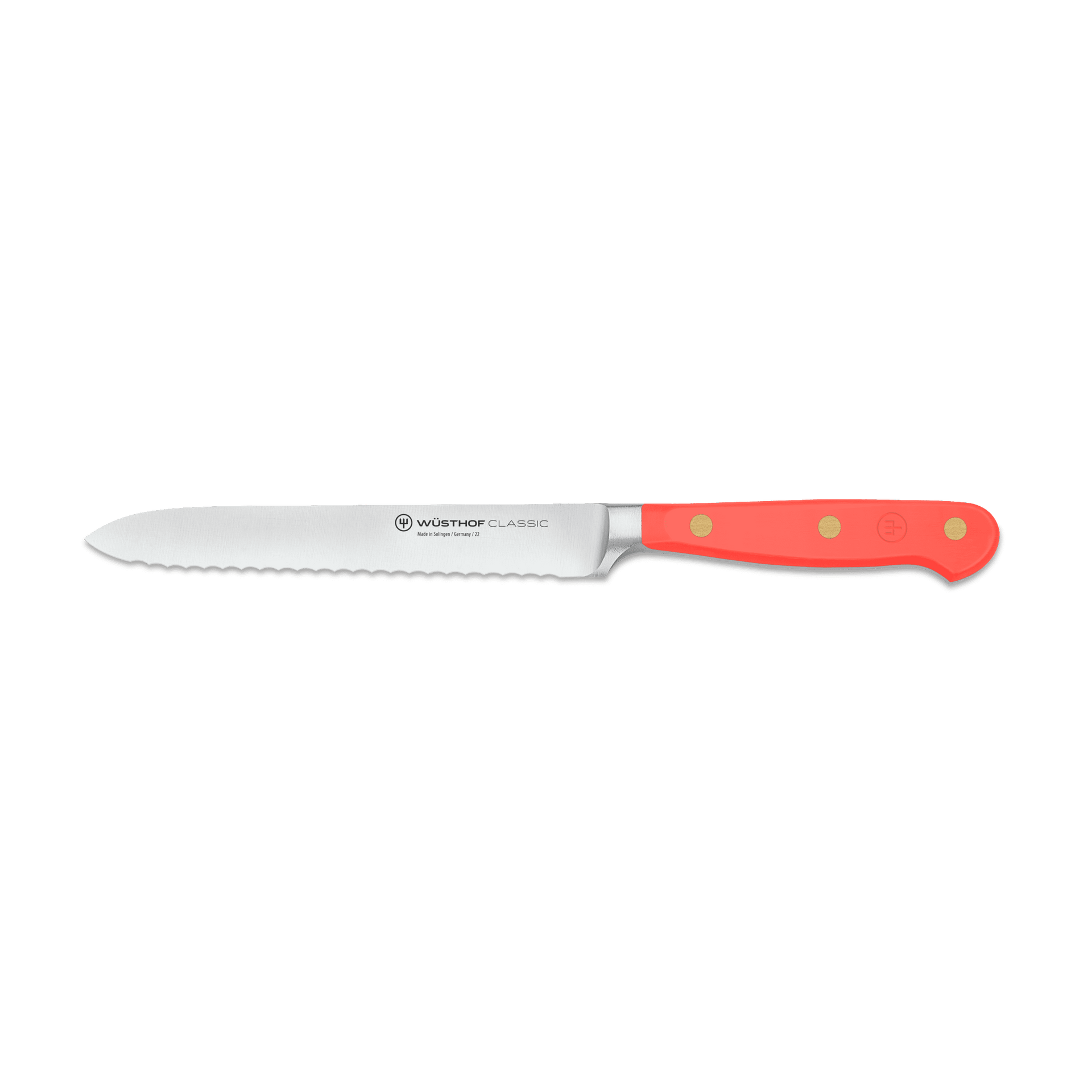 Classic 5" Serrated Utility Knife with a red triple-riveted handle and a precision-forged serrated blade designed for versatile kitchen use.