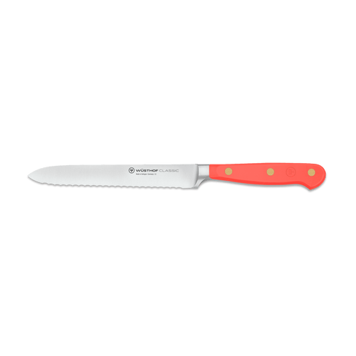 Classic 5" Serrated Utility Knife with a red triple-riveted handle and a precision-forged serrated blade designed for versatile kitchen use.
