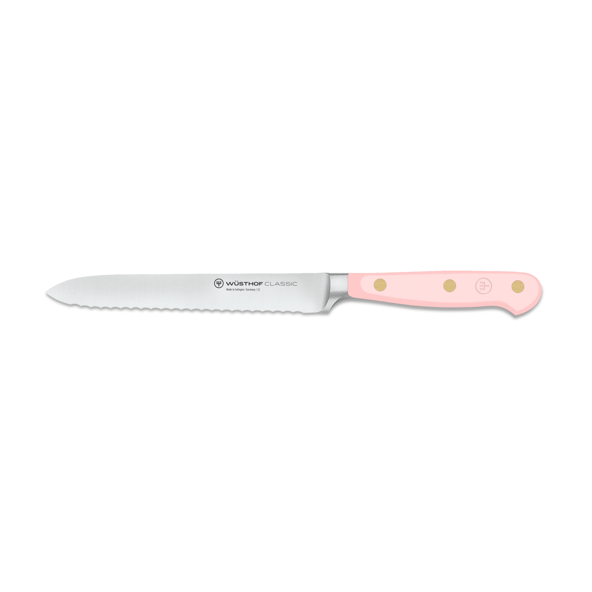 Classic 5" Serrated Utility Knife featuring a matte pink triple-riveted handle and a precision-forged serrated blade for efficient slicing.